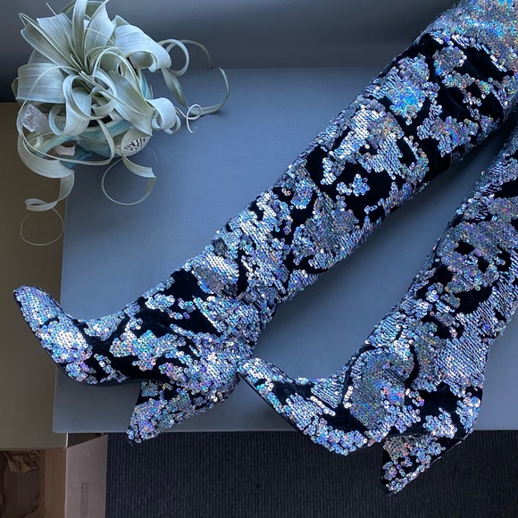 Free People Midnight Party Velvet Sequin Scrunch Boots Heels 38 7.5 festival - Picture 14 of 15